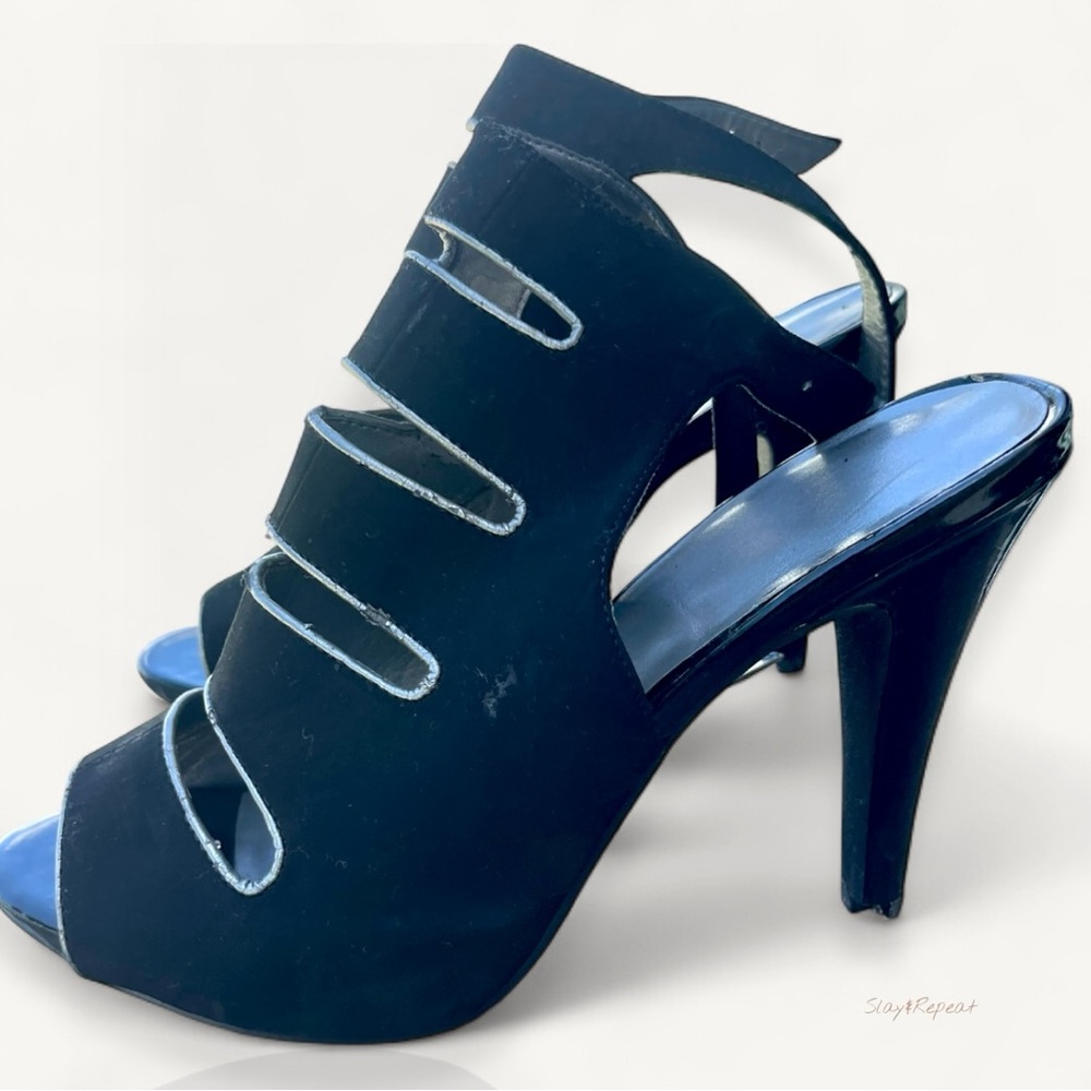 🔥 Black Cutout Peep-Toe High Heels – Size 10 – Statement Night Out Shoe 🔥